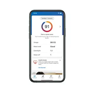 Découpe d'un téléphone portable montrant l'écran du score de sommeil dans l'application myAir.